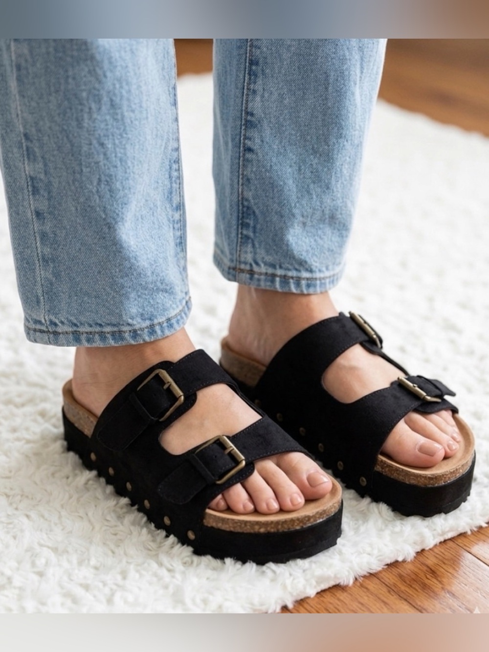 JustFab Black Suede-Look Double Buckle Slide platform sandals size7.5 never worn